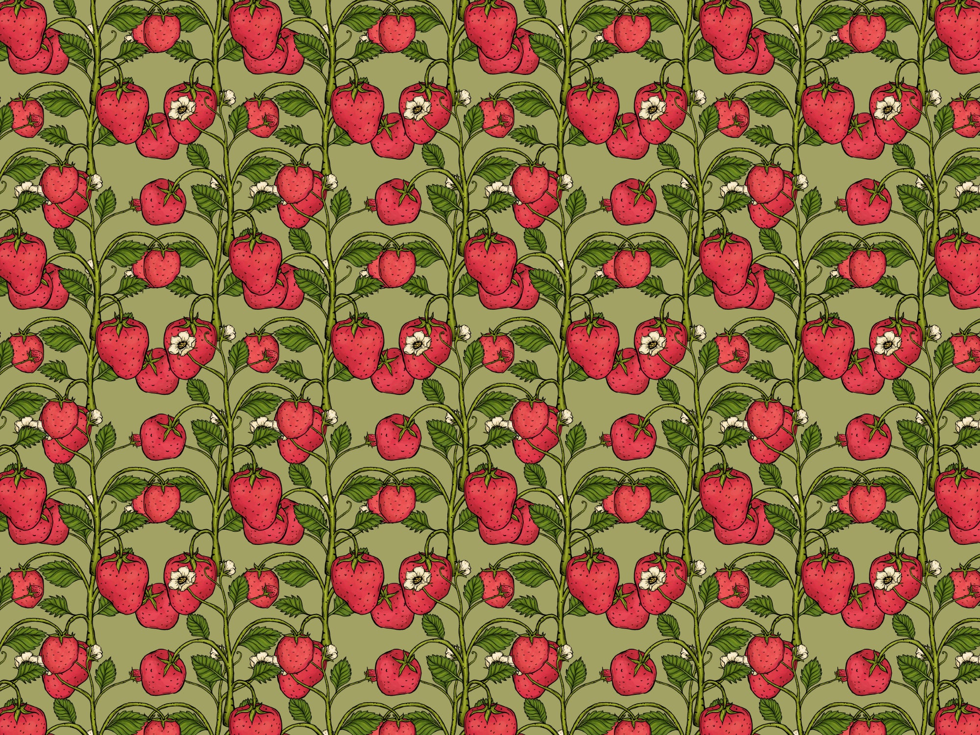 Trailing Strawberries Pink and Green Color Wallpaper