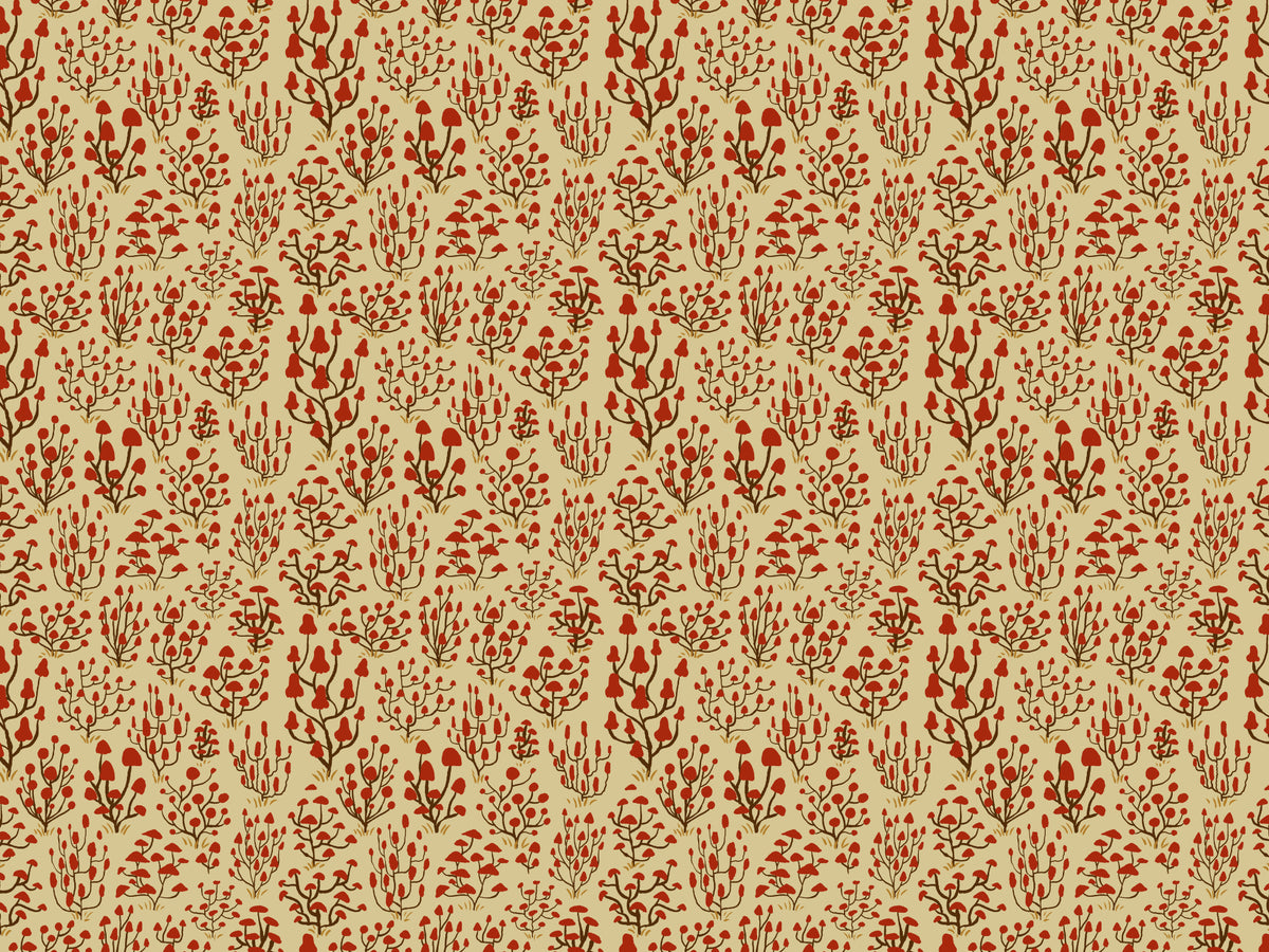 Ditsy Mushrooms Red Wallpaper in your room — zoomed