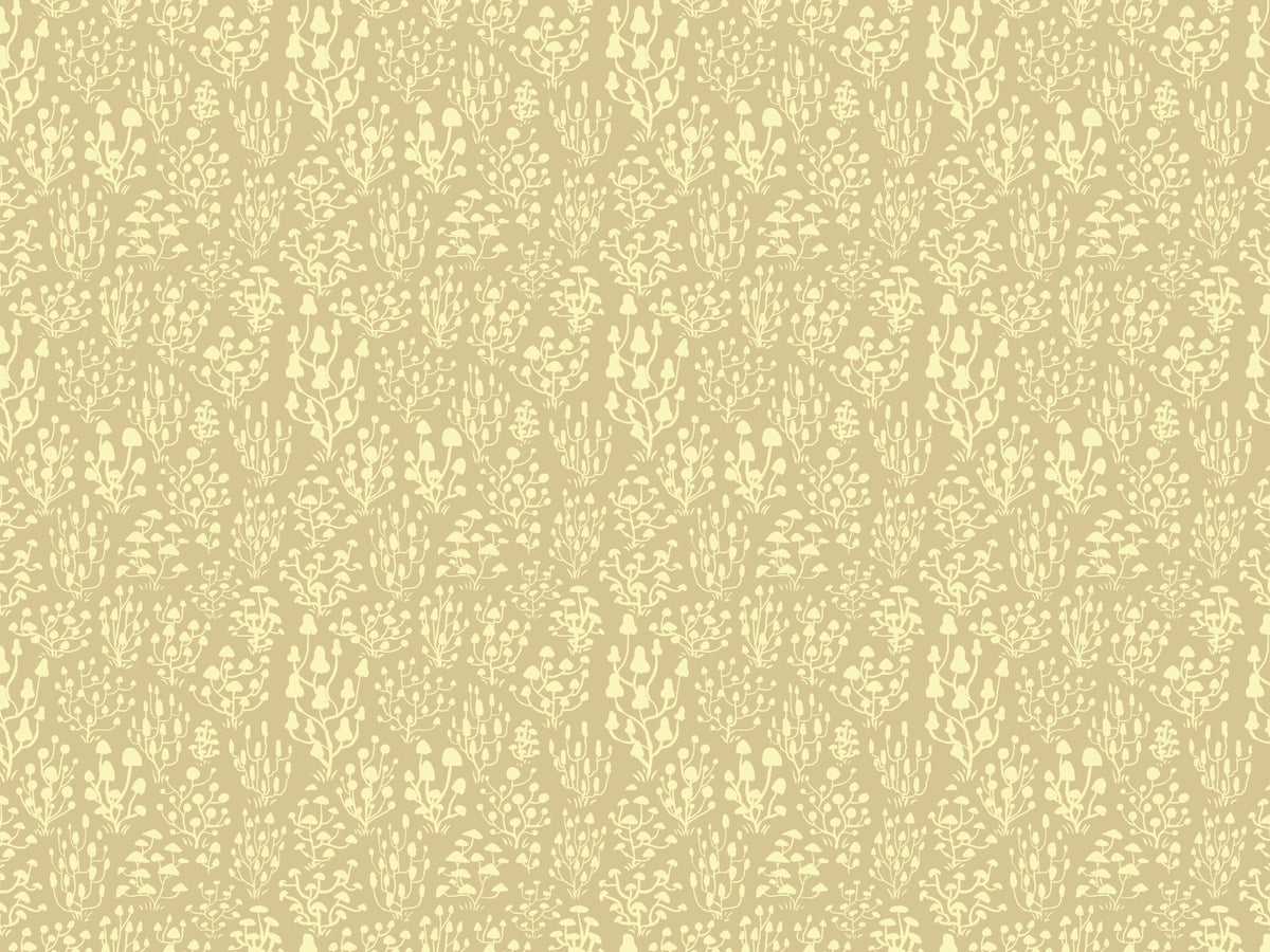 Ditsy Mushrooms Yellow Wallpaper in your room — zoomed