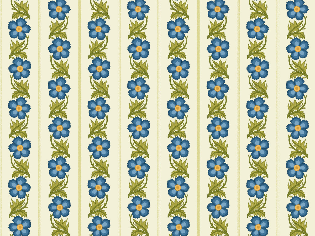 Floral Stripe Blue Wallpaper in your room — zoomed