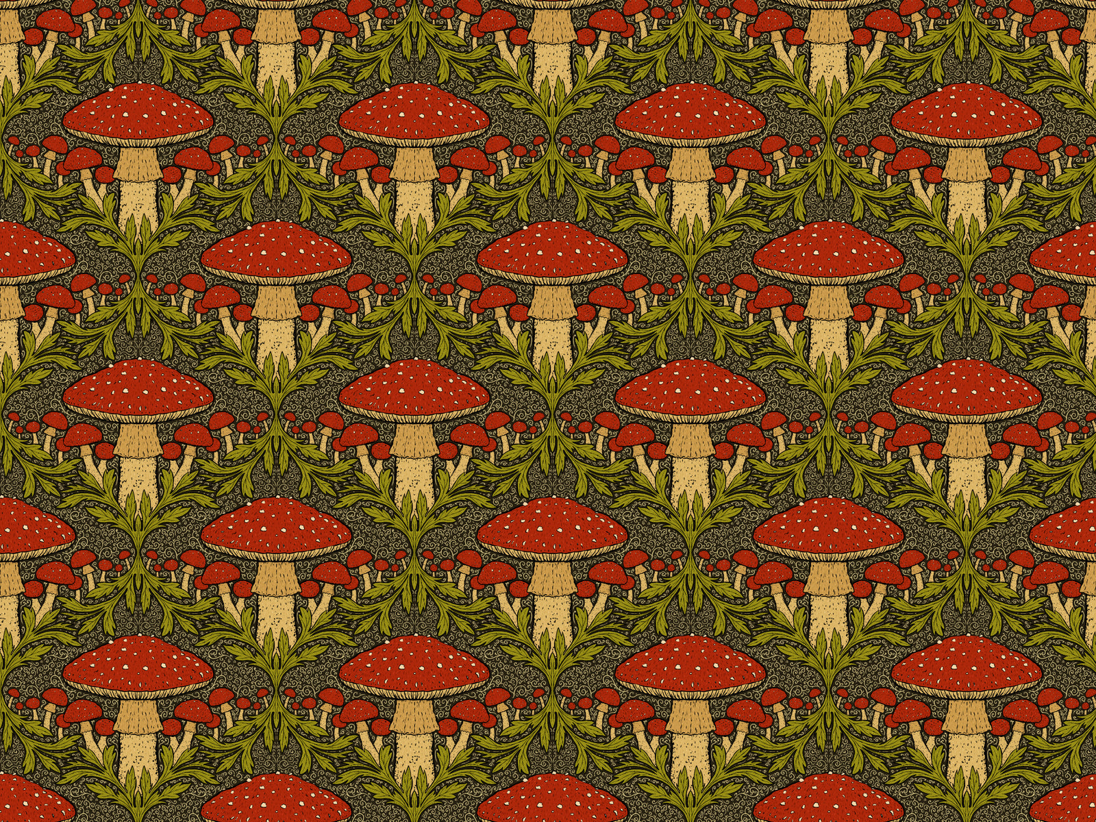 Deep Red Heritage Mushroom Wallpaper