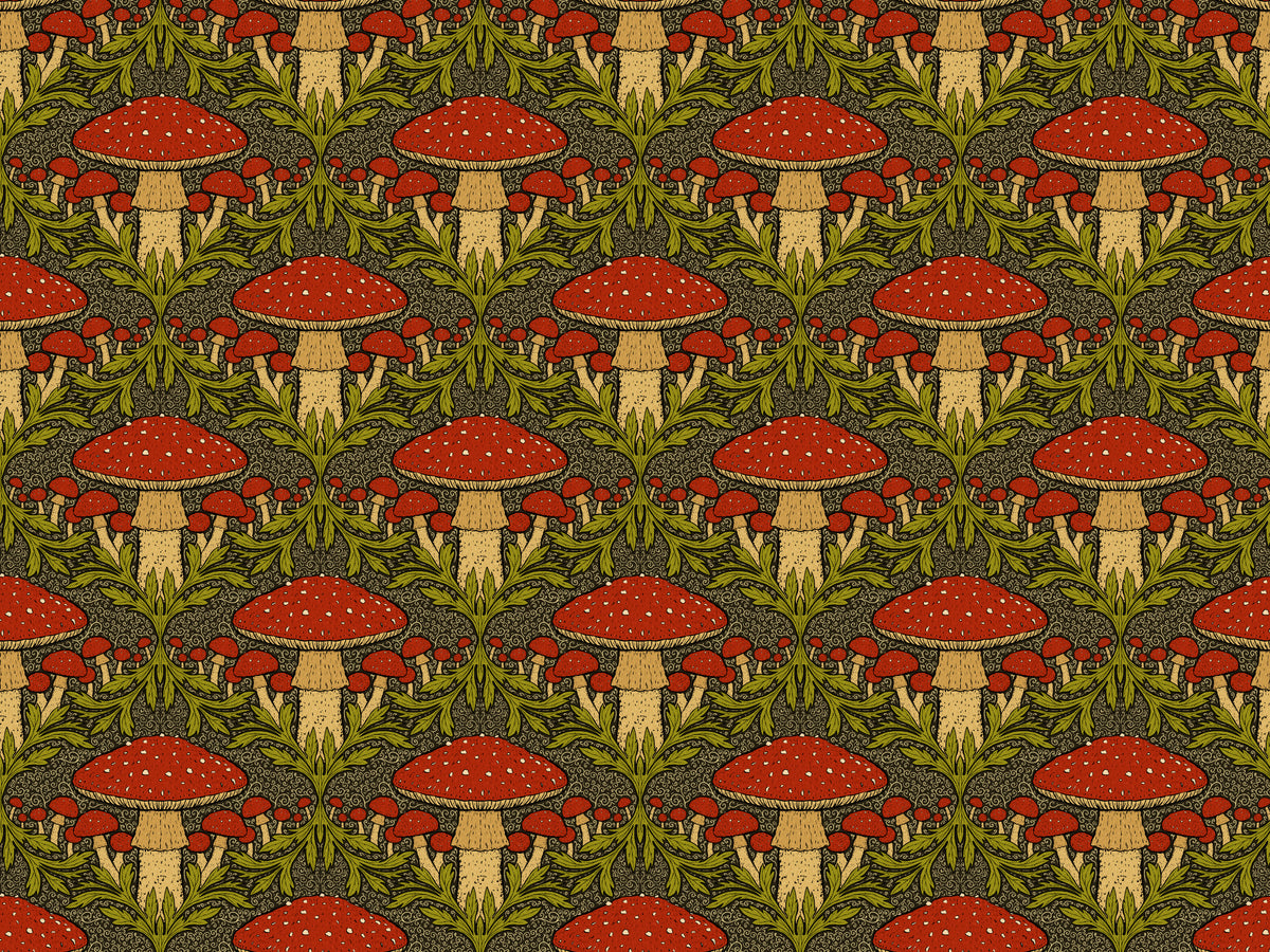 Deep Red Heritage Mushroom Wallpaper in your room — zoomed