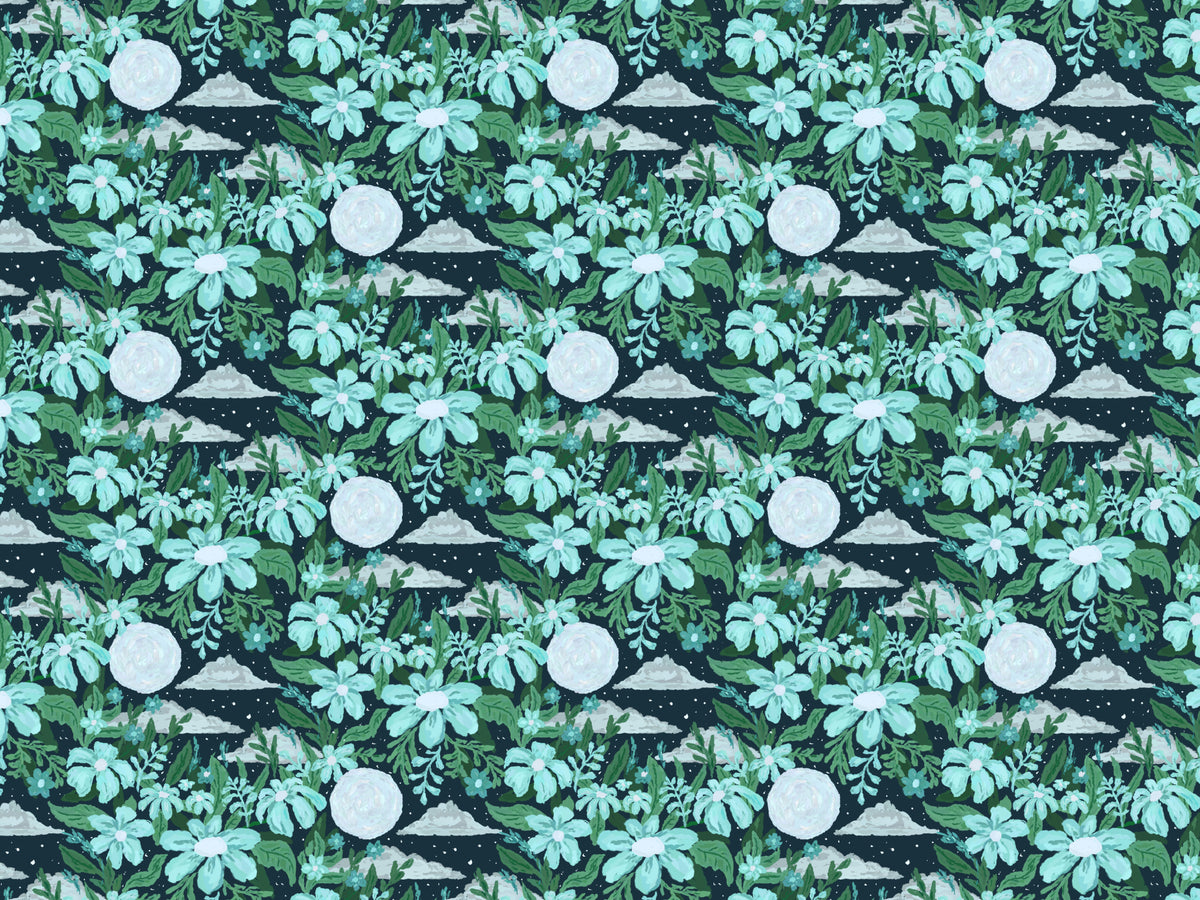 Moon Lit Garden Blue Wallpaper