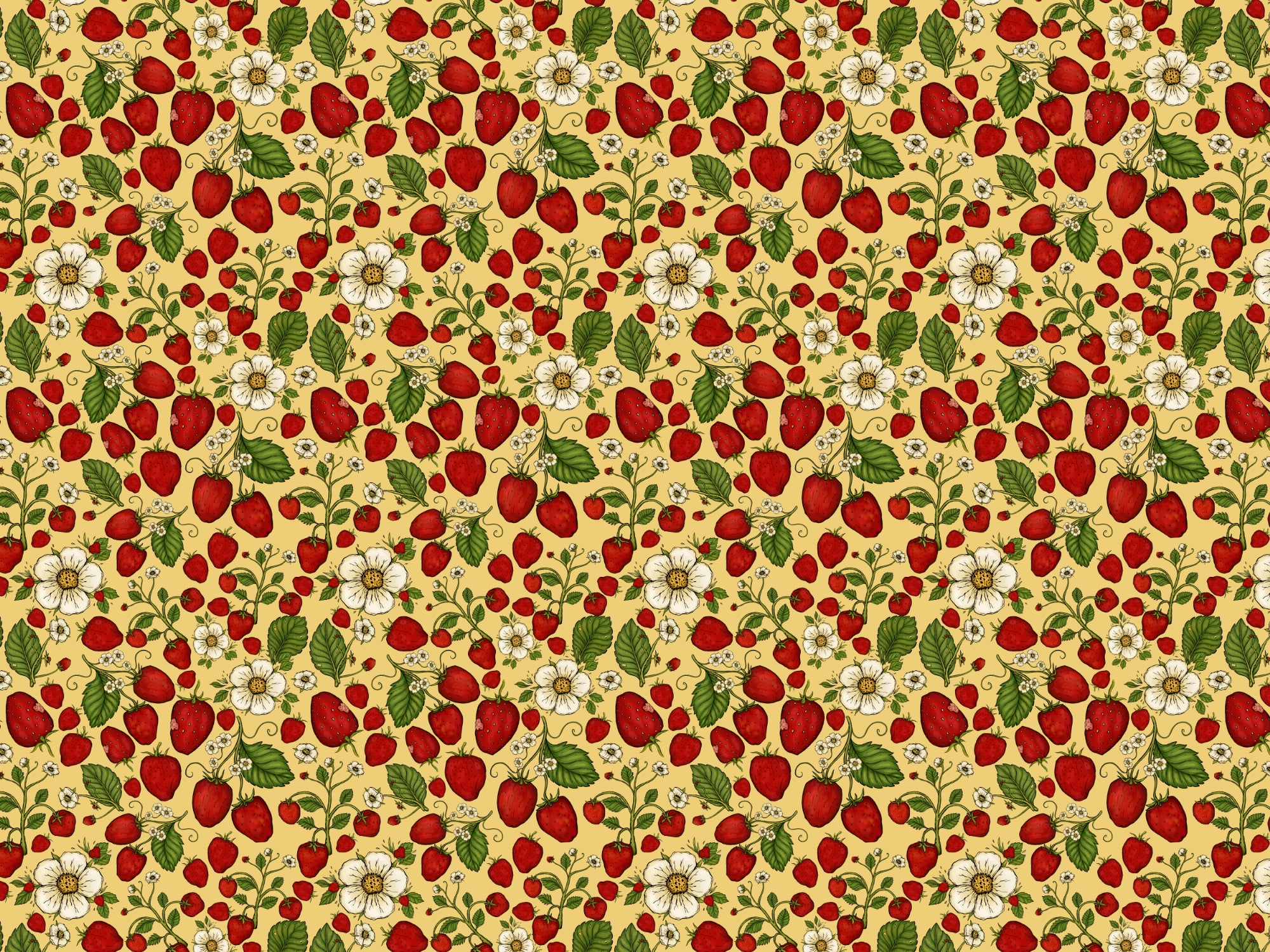 Strawberry Patch Red on Yellow Color Wallpaper