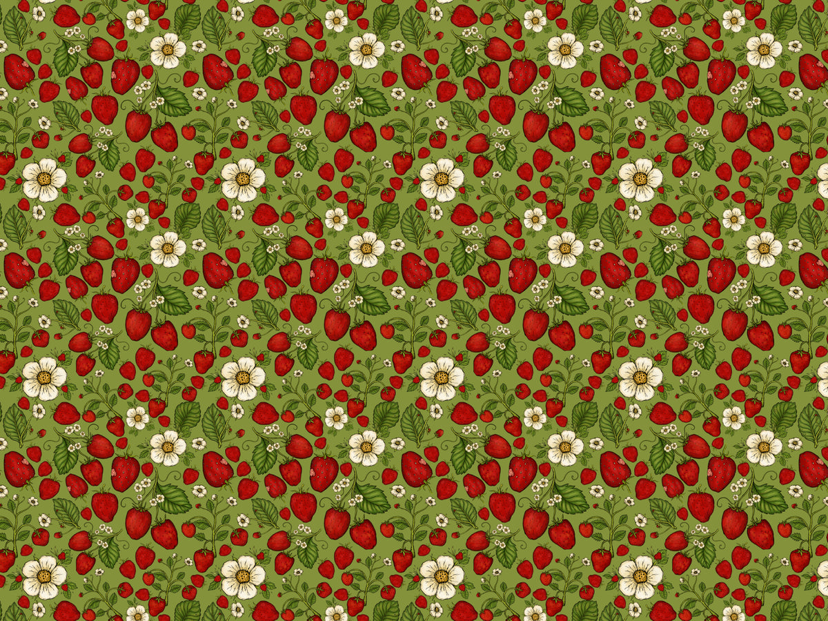 Strawberry Patch Red on Green Color Wallpaper in your room