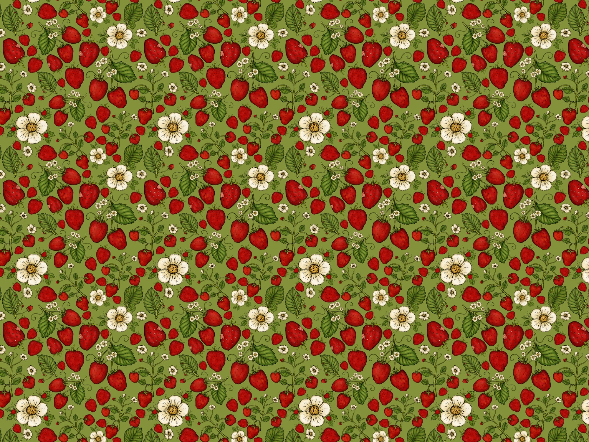 Strawberry Patch Red on Green Color Wallpaper in your room — zoomed