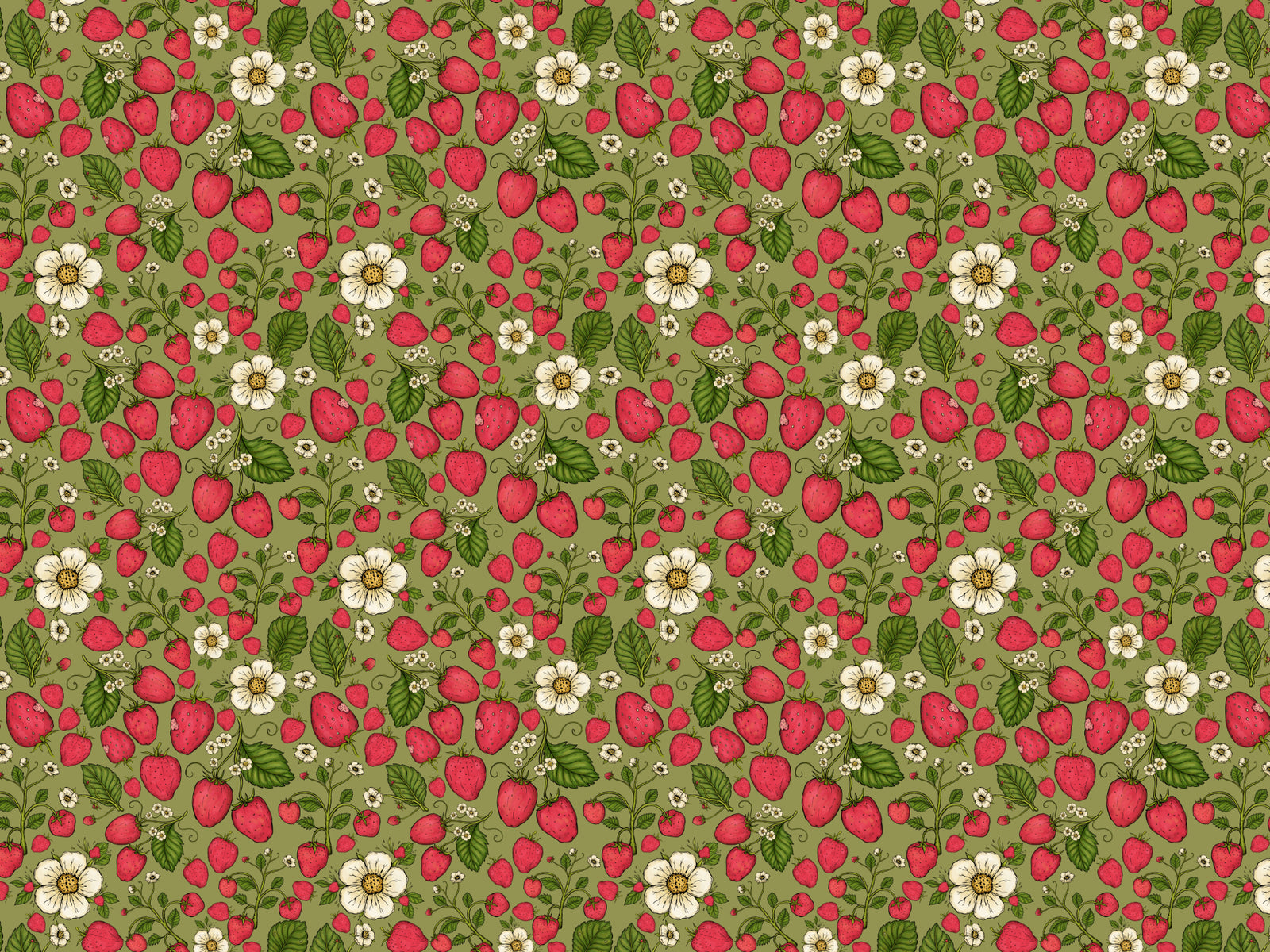 Strawberry Patch Pink on Green Wallpaper in your room
