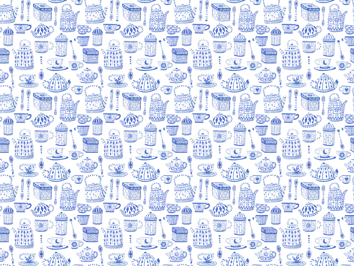 Tea Set in Blue Color Wallpaper in your room — zoomed