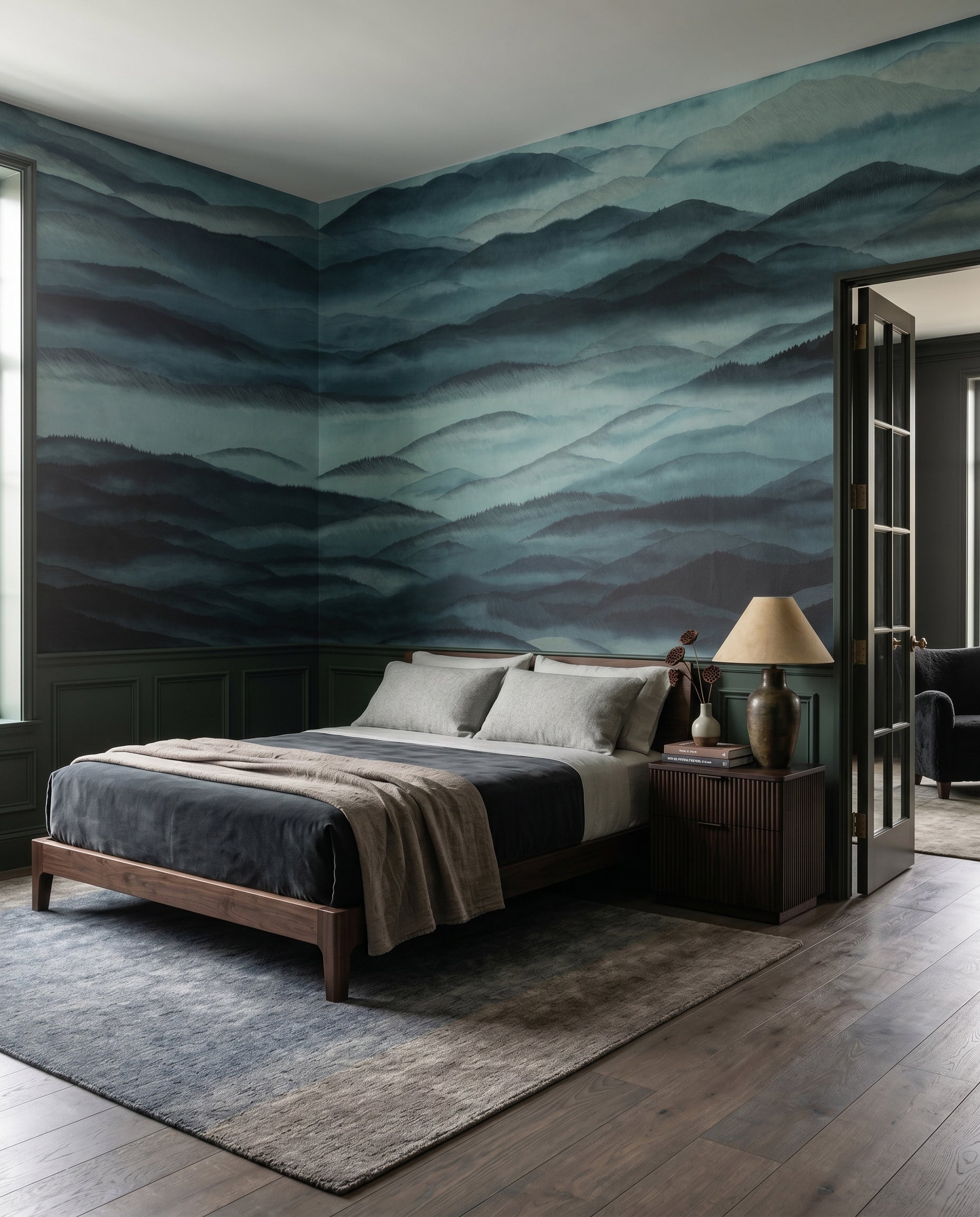 Roerich Hills wall mural lifts a calm bedroom with teal ridges fading into pale fog.