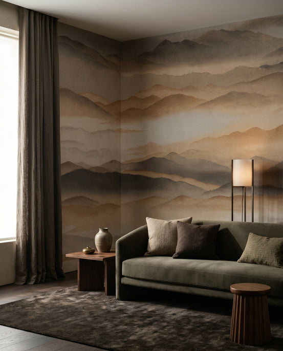 Faded brown peaks stretch behind a living room with the Roerich Silence wall mural.