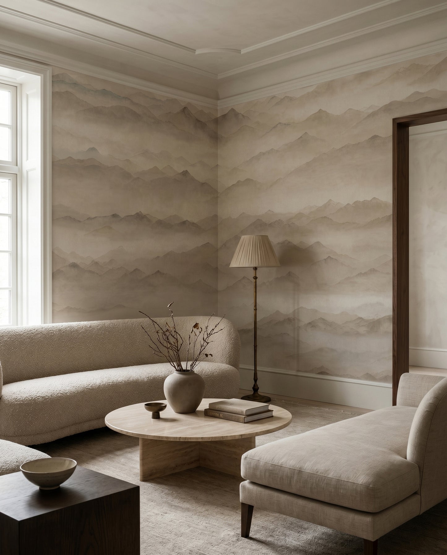 Misty ridges drift over a living room with the Roerich Peaks wall mural.