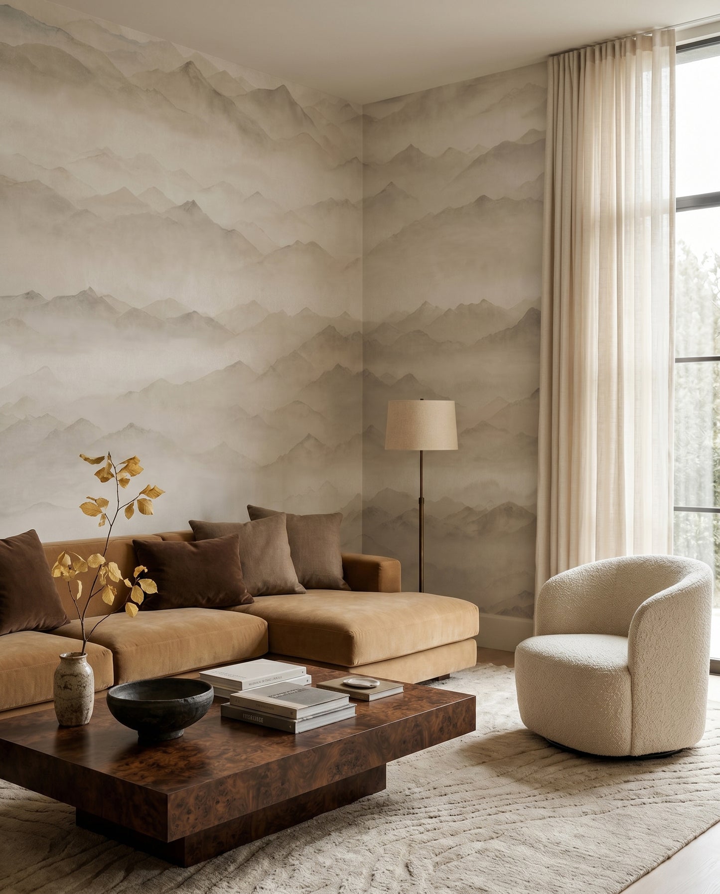Roerich Peaks wall mural opens up a lounge in faded beige sepia.