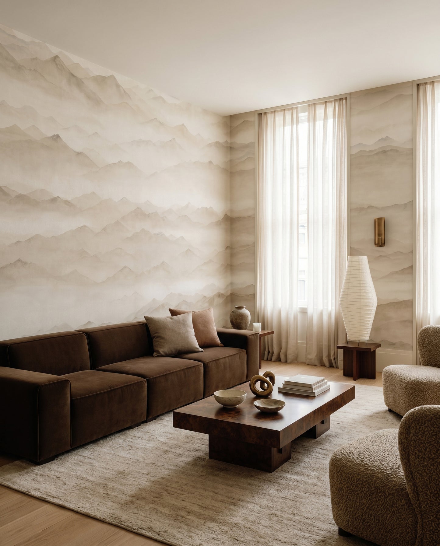 Pale fog meets the Roerich Peaks wall mural inside a Living room.