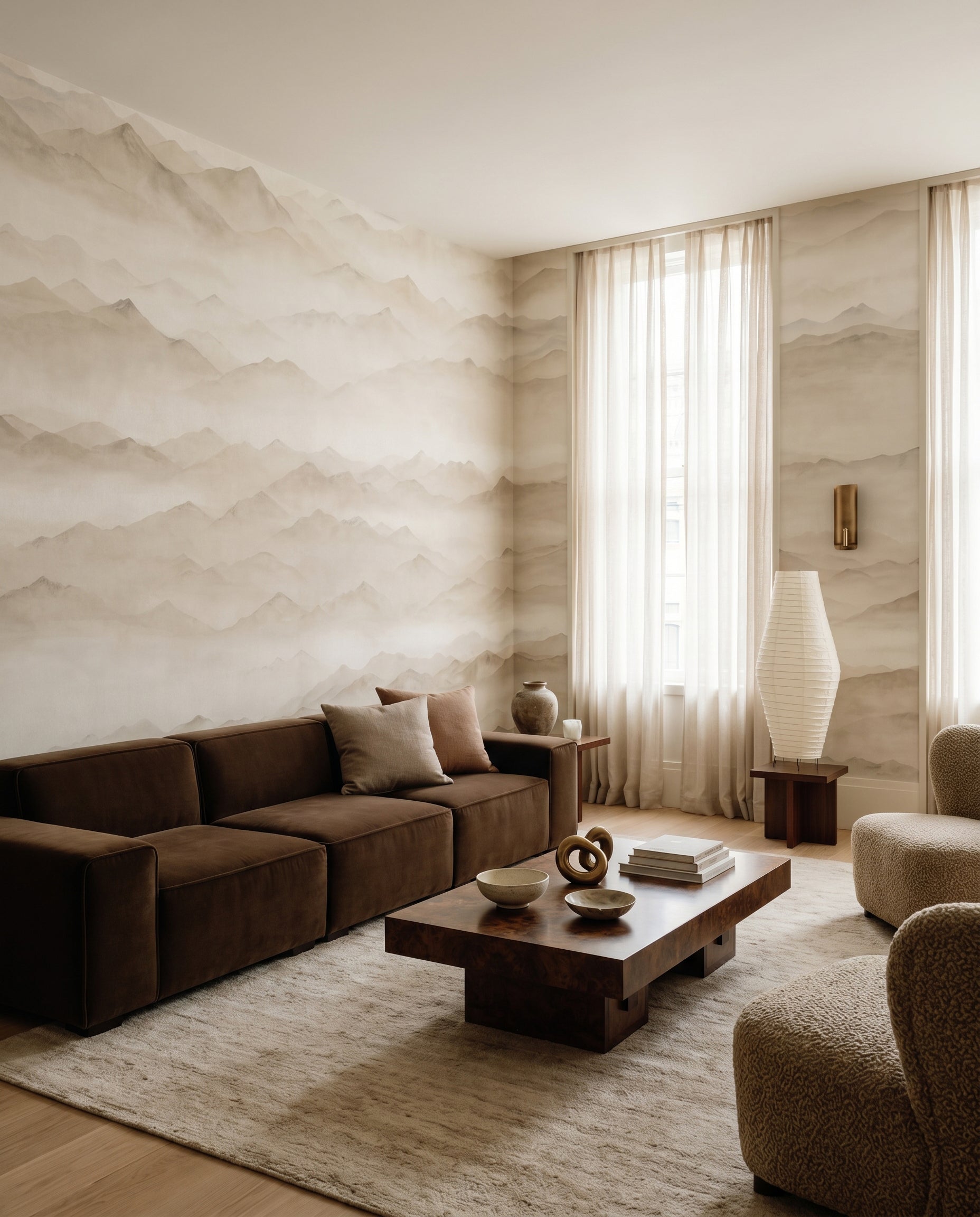 Pale fog meets the Roerich Peaks wall mural inside a Living room.