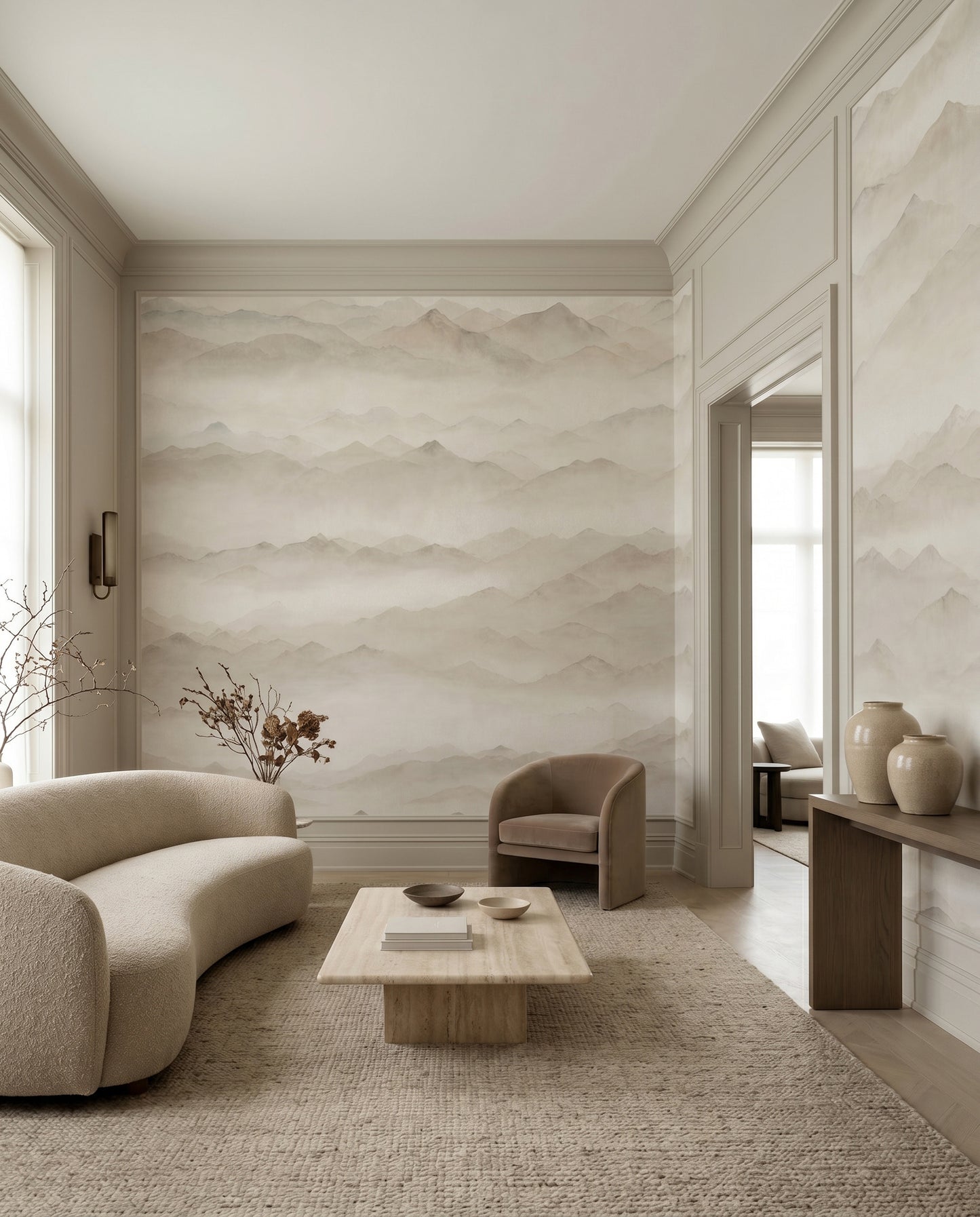 The Roerich Peaks wall mural keeps a Living room hushed in mountain fog.
