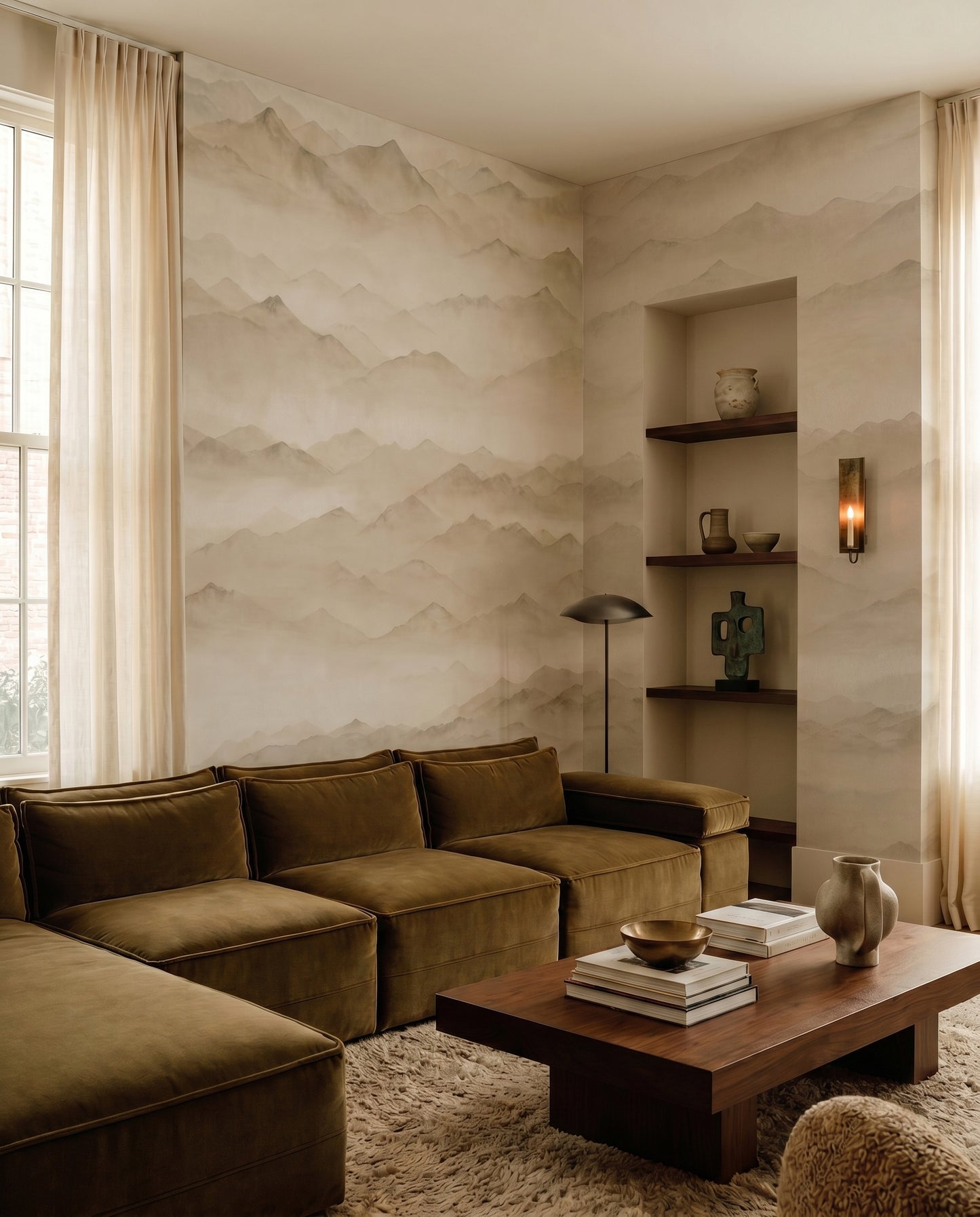 Roerich Peaks wall mural shows misty mountain ridges fading into beige sepia.