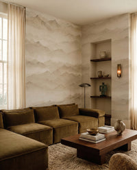 Roerich Peaks wall mural shows misty mountain ridges fading into beige sepia.