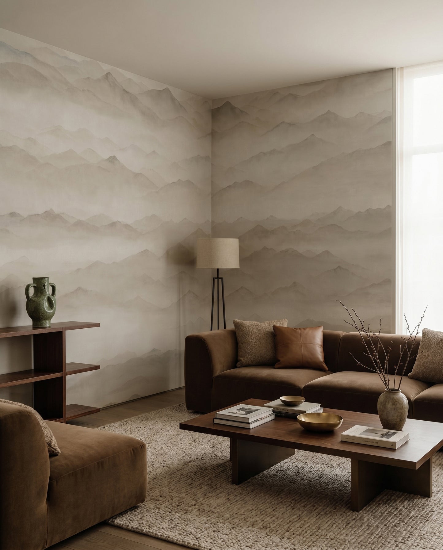 Drifting fog flows between layered ridgelines on the Roerich Peaks wall mural.