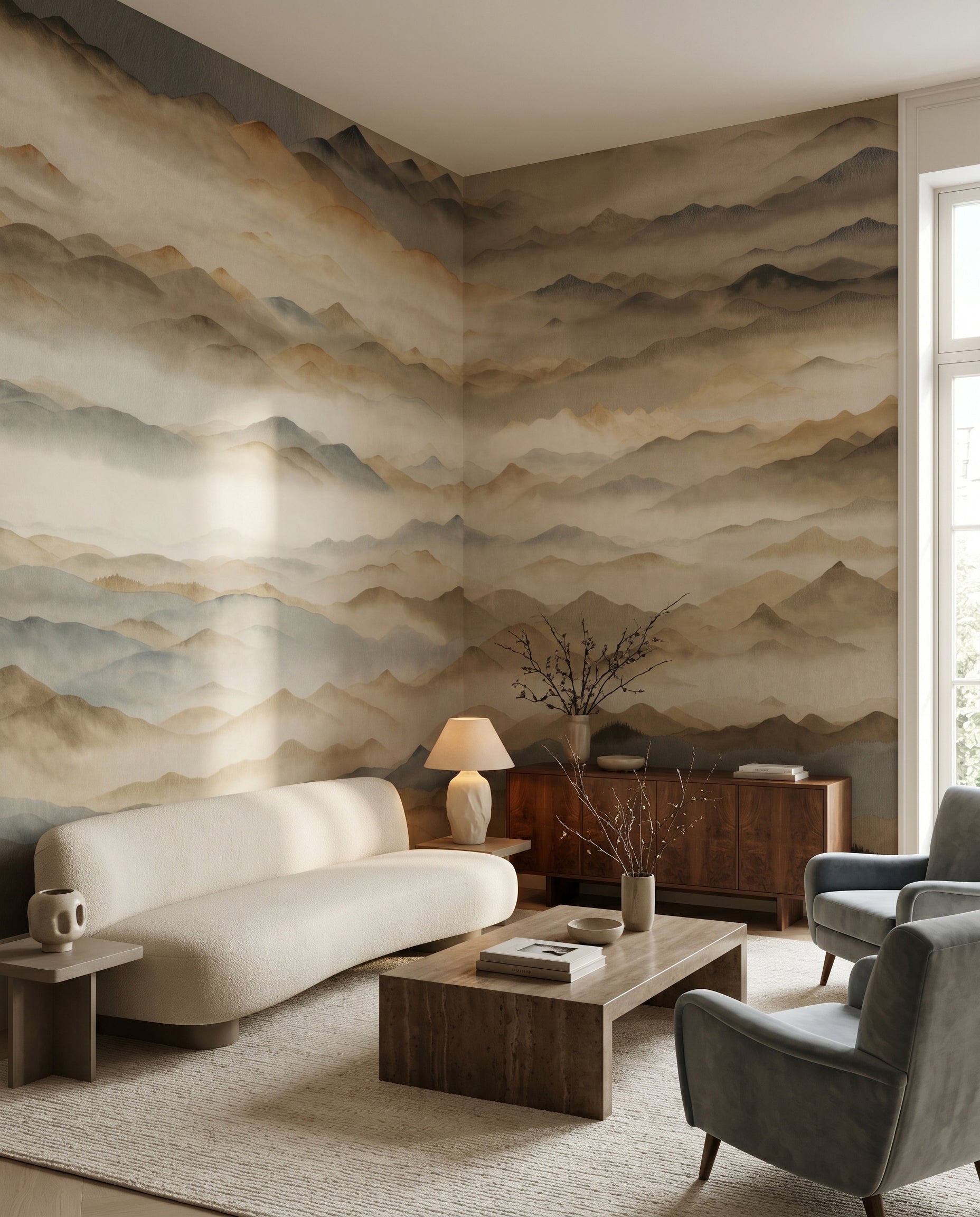 Warm sepia ridges of the Twilight wall mural settle behind a quiet Living room.