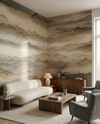 Warm sepia ridges of the Twilight wall mural settle behind a quiet Living room.