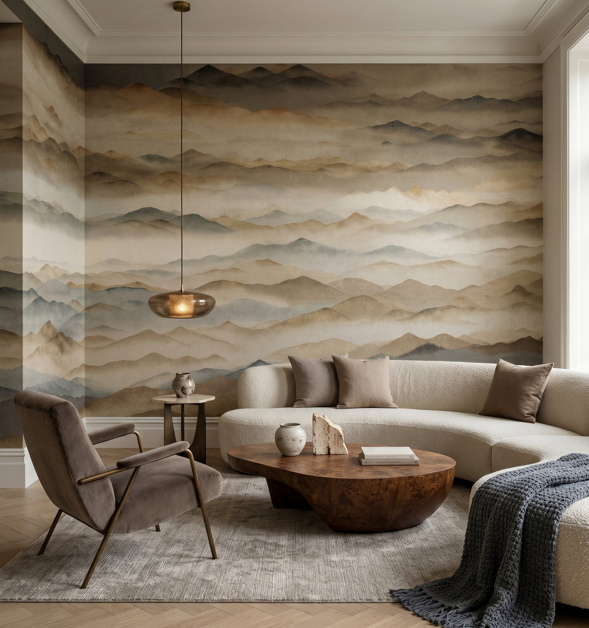 Hazy brown mountain layers fill the living room with Roerich Twilight wall mural depth.