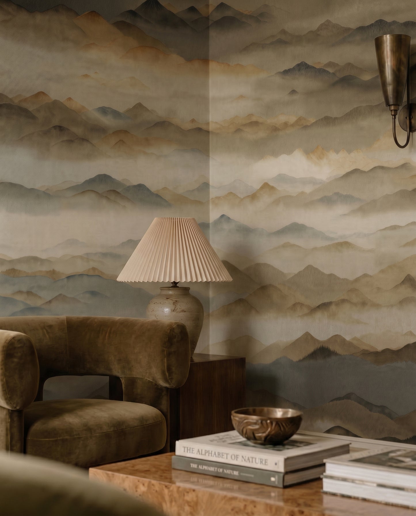 Misty peaks stretch wide across this Roerich Twilight wall mural in a neutral lounge.