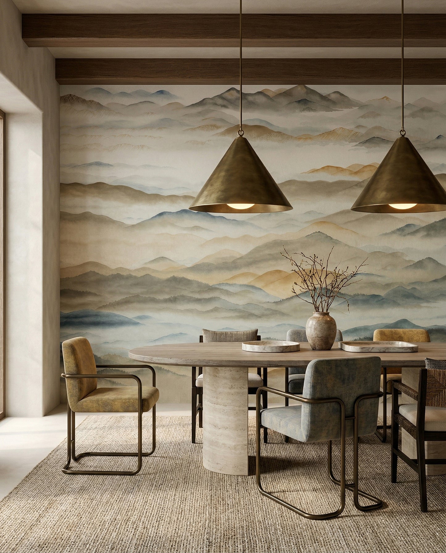 The misty mountain wall mural gives the dining room a quiet horizon backdrop.