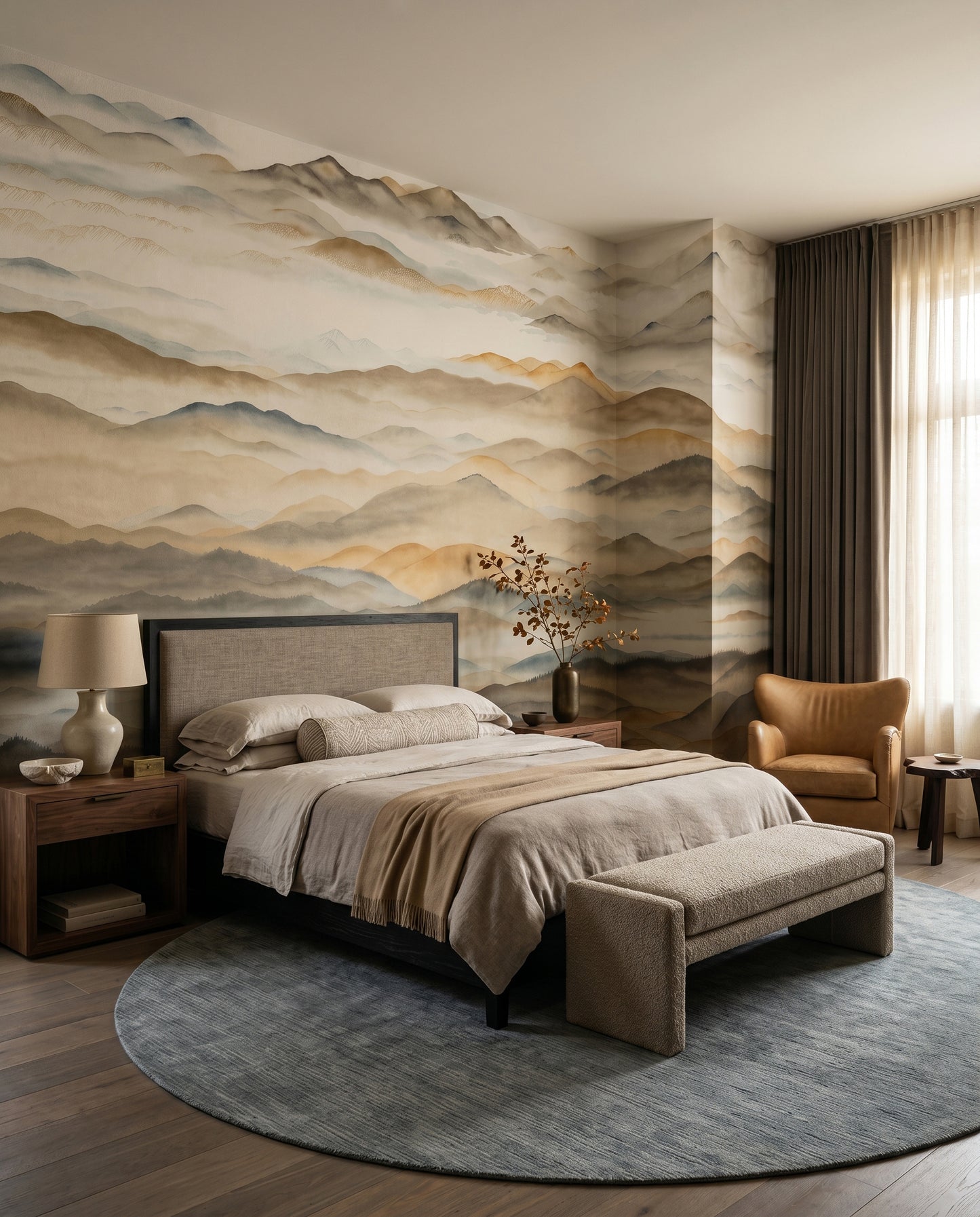 Hazy brown and slate peaks fill the bedroom inside a Roerich Valley wall mural scene.