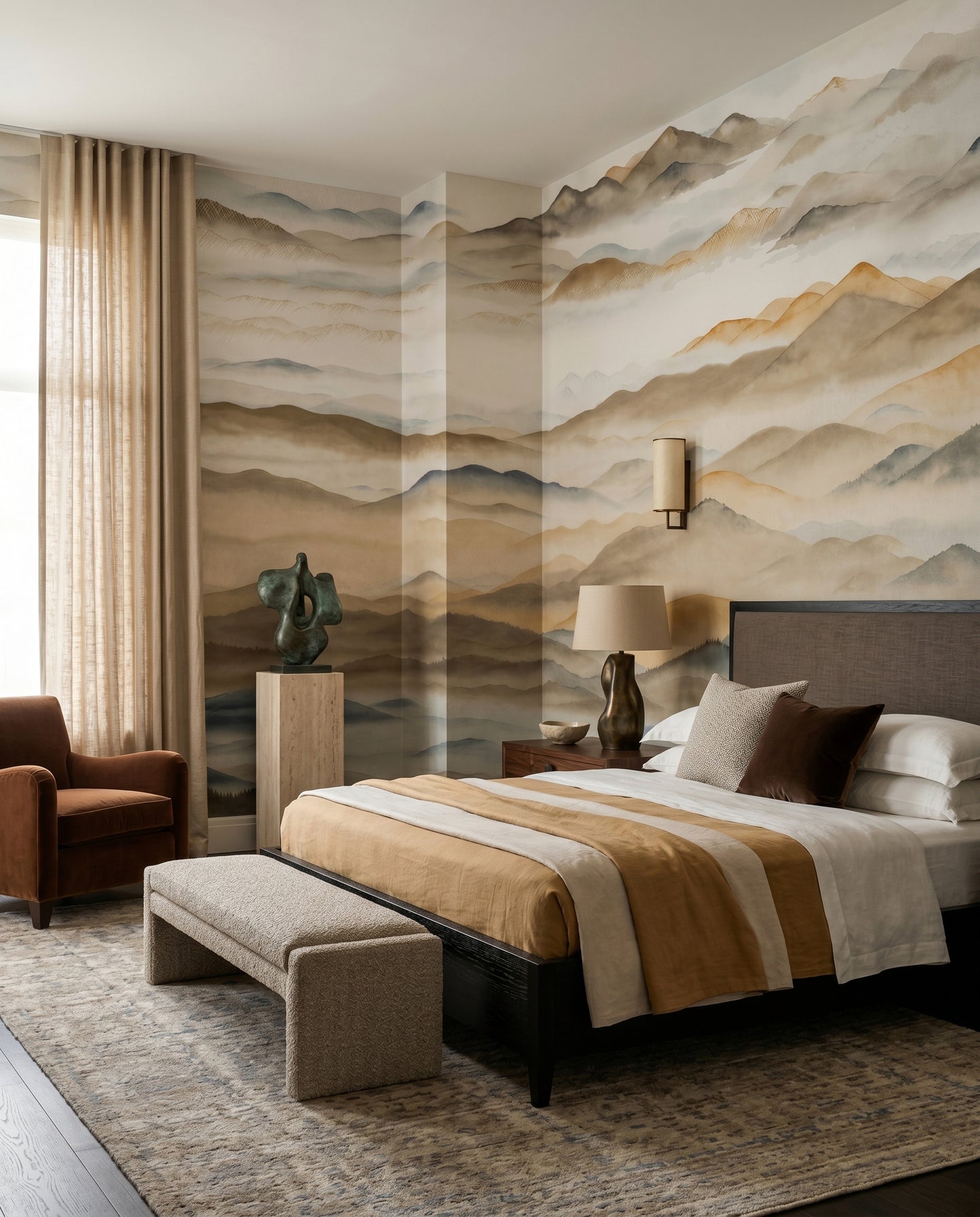Bedroom gains misty mountain depth from the watercolour wall mural feature.