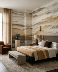 Bedroom gains misty mountain depth from the watercolour wall mural feature.
