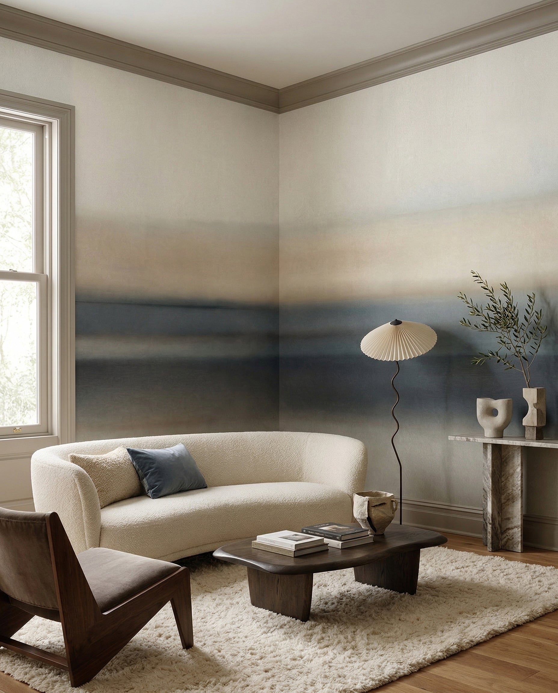 Tonal Rotko Sand wall mural sets a quiet mood across a lounge