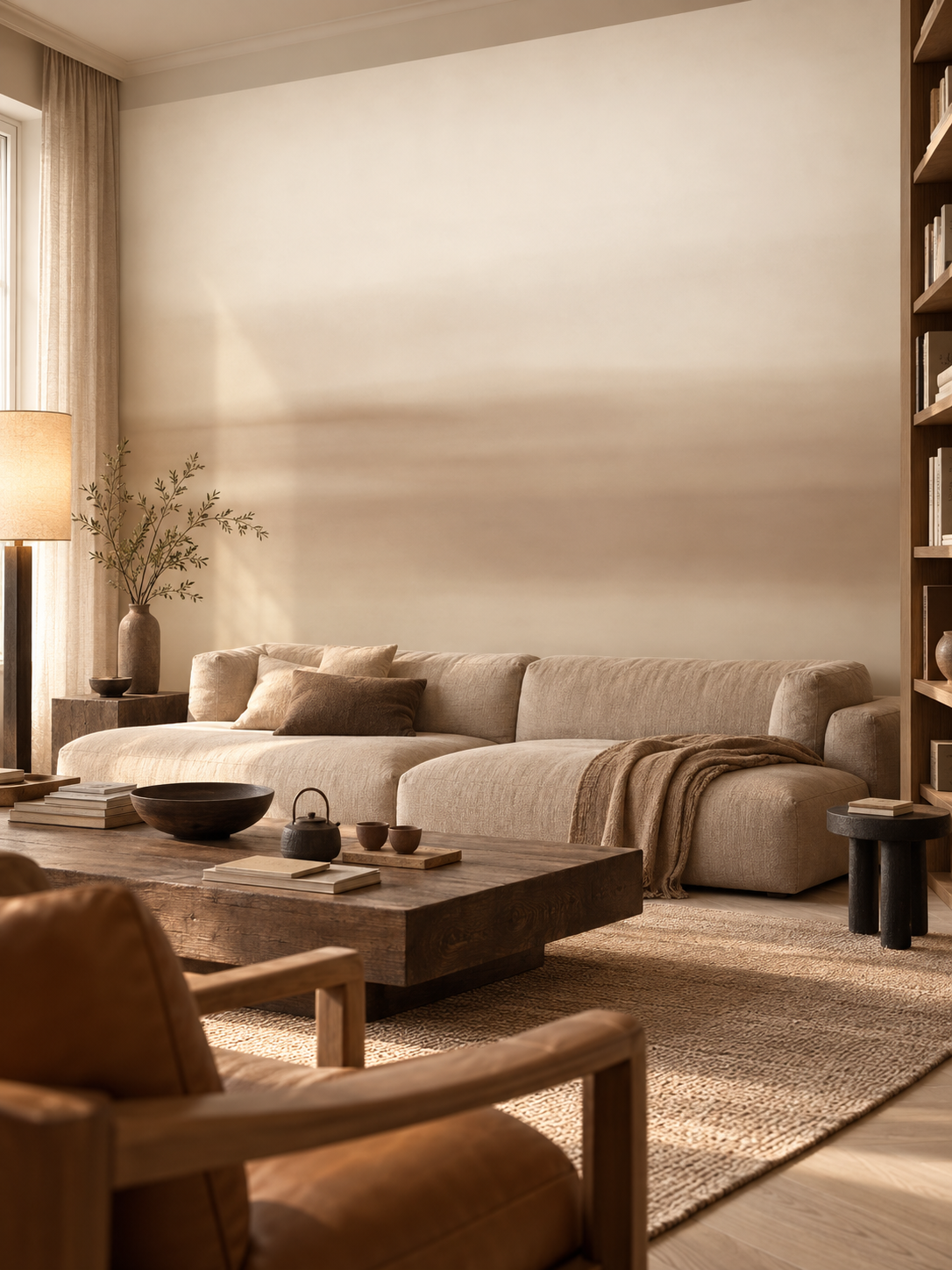 Abstract wallpaper mural behind a low beige sectional and leather armchair GD13866