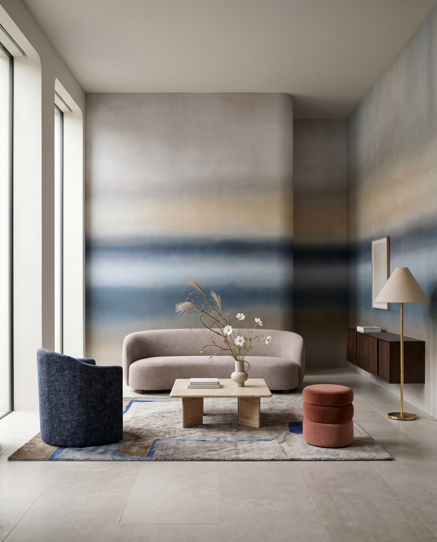 Living room backdrop in moody navy and taupe Rotko Ash wall mural tones