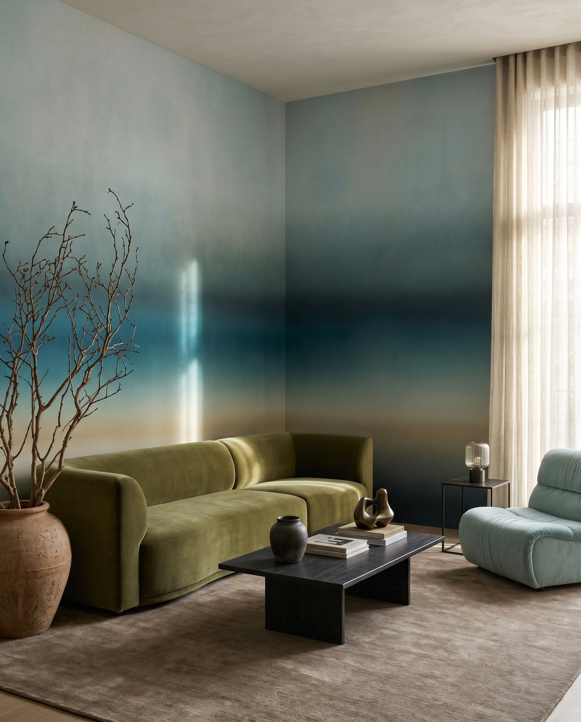 Sandy horizon strip of the Rotko Blush mural spreading across a calm Living room 