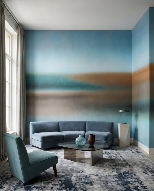 Bands of ochre, teal and brown fill a living room from the Rotko Clay wall mural.
