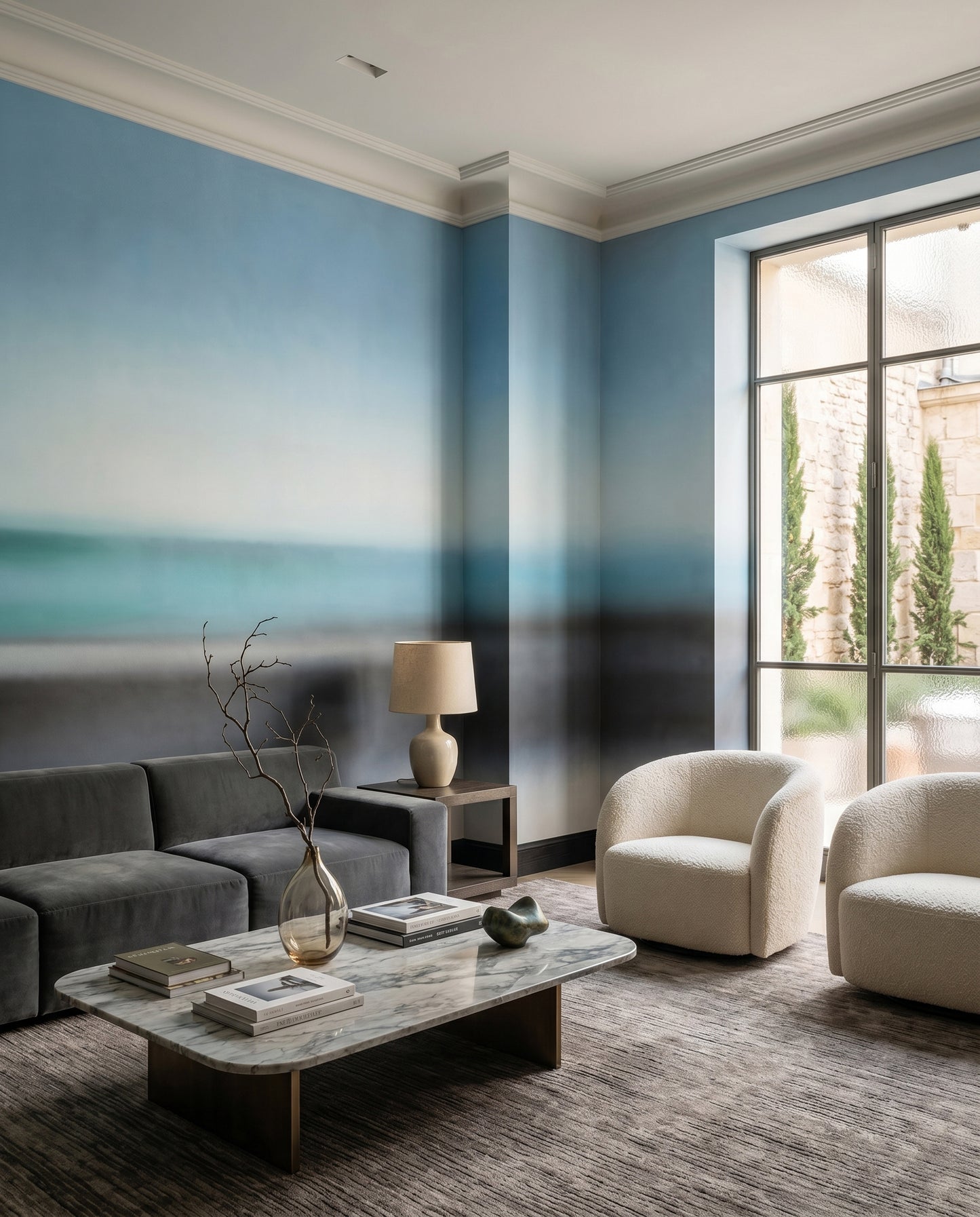Hallway carrying the blurred horizon of the Rotko Veil wall mural