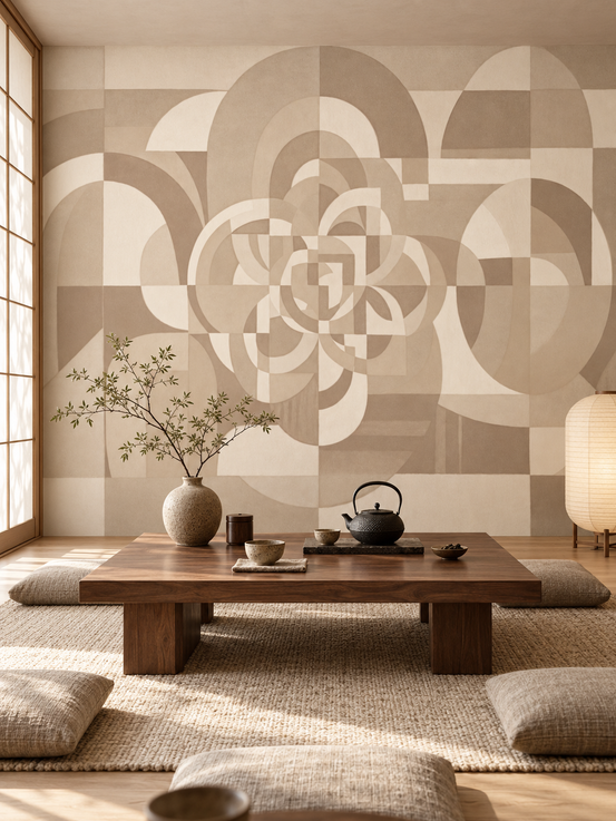 Geometric wallpaper mural in a Japandi room with a low wood table and cushions GD13867