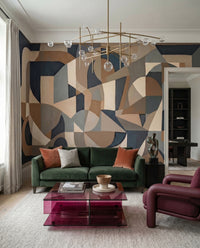 Overlapping arches curve through the Silent Arch wall mural across a lounge.