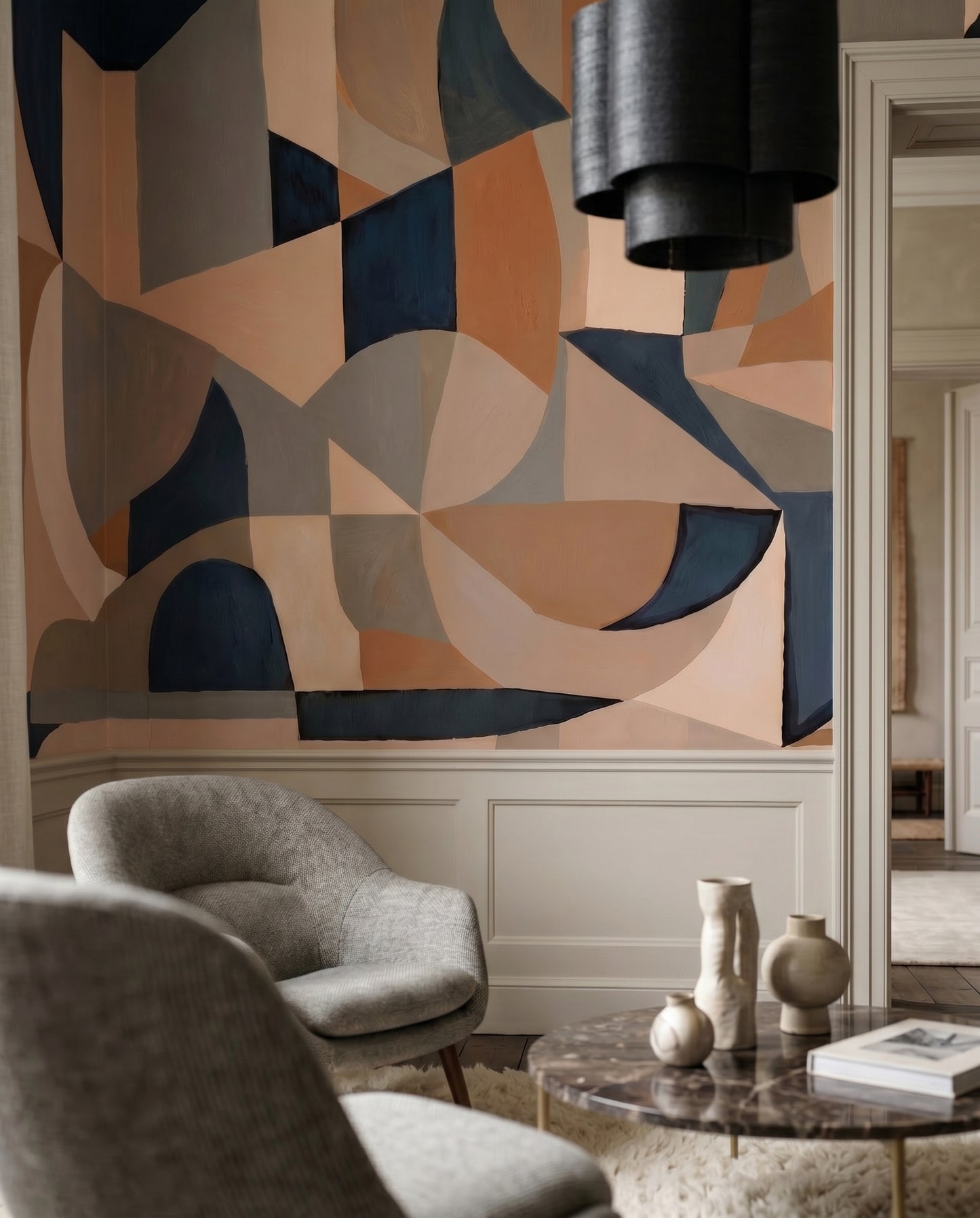 A quiet abstract mood fills the Living room alongside this geometric arch wall mural.