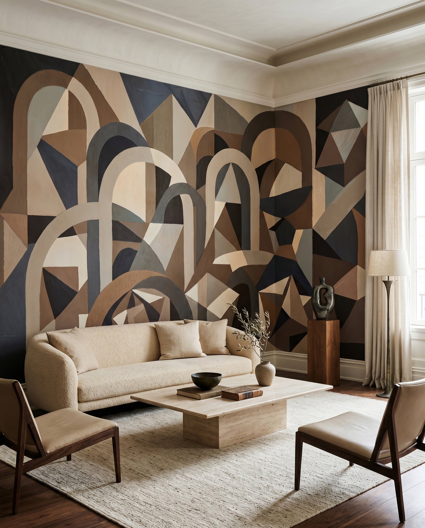 Lounge corner uses the wall mural to carry navy, taupe and warm brown geometry calmly.