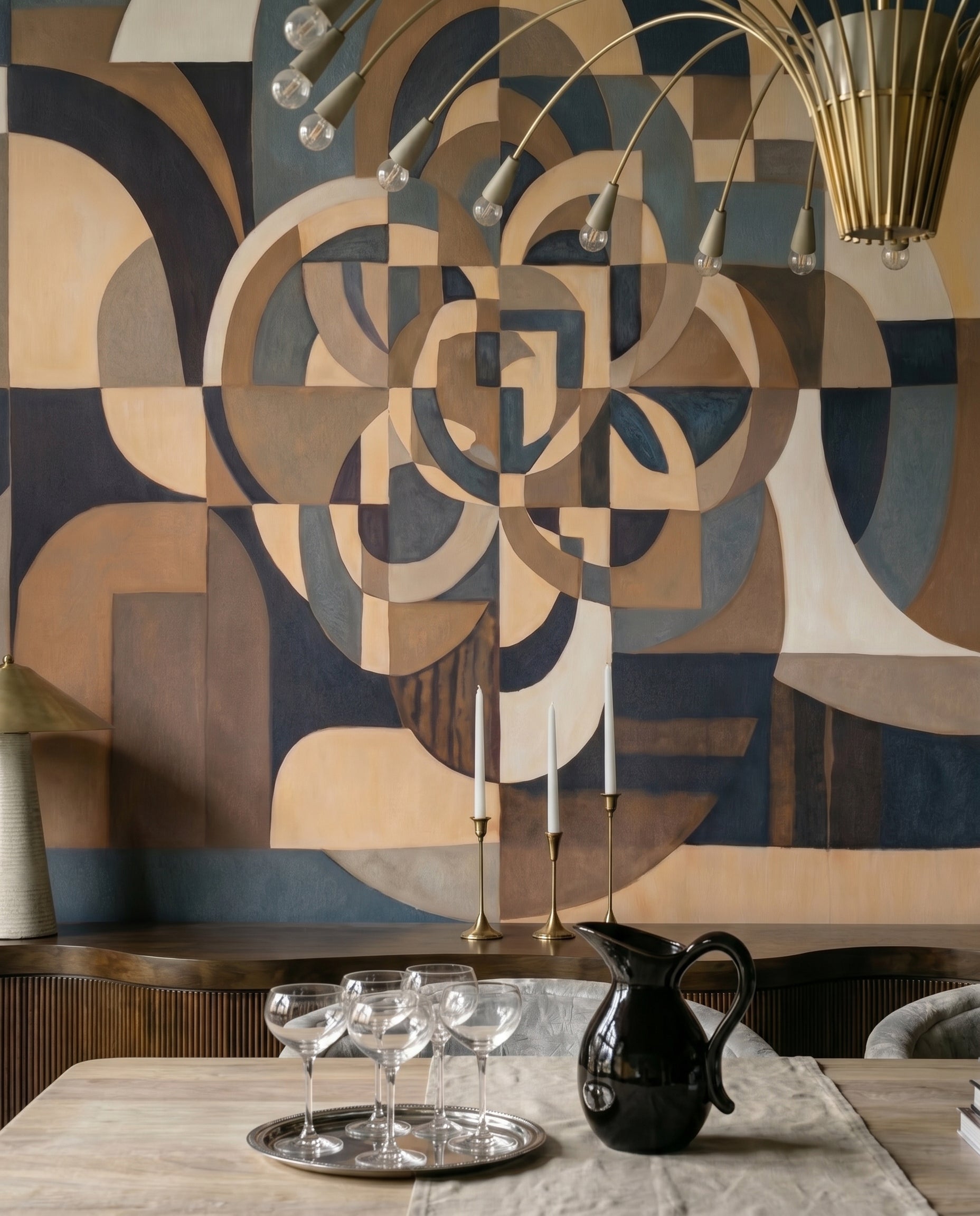 Dining room scene built around curves and arches of the Silent Passage wall mural