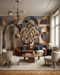 Living room layout pairs with the Silent Passage wall mural and its floral medallion centre