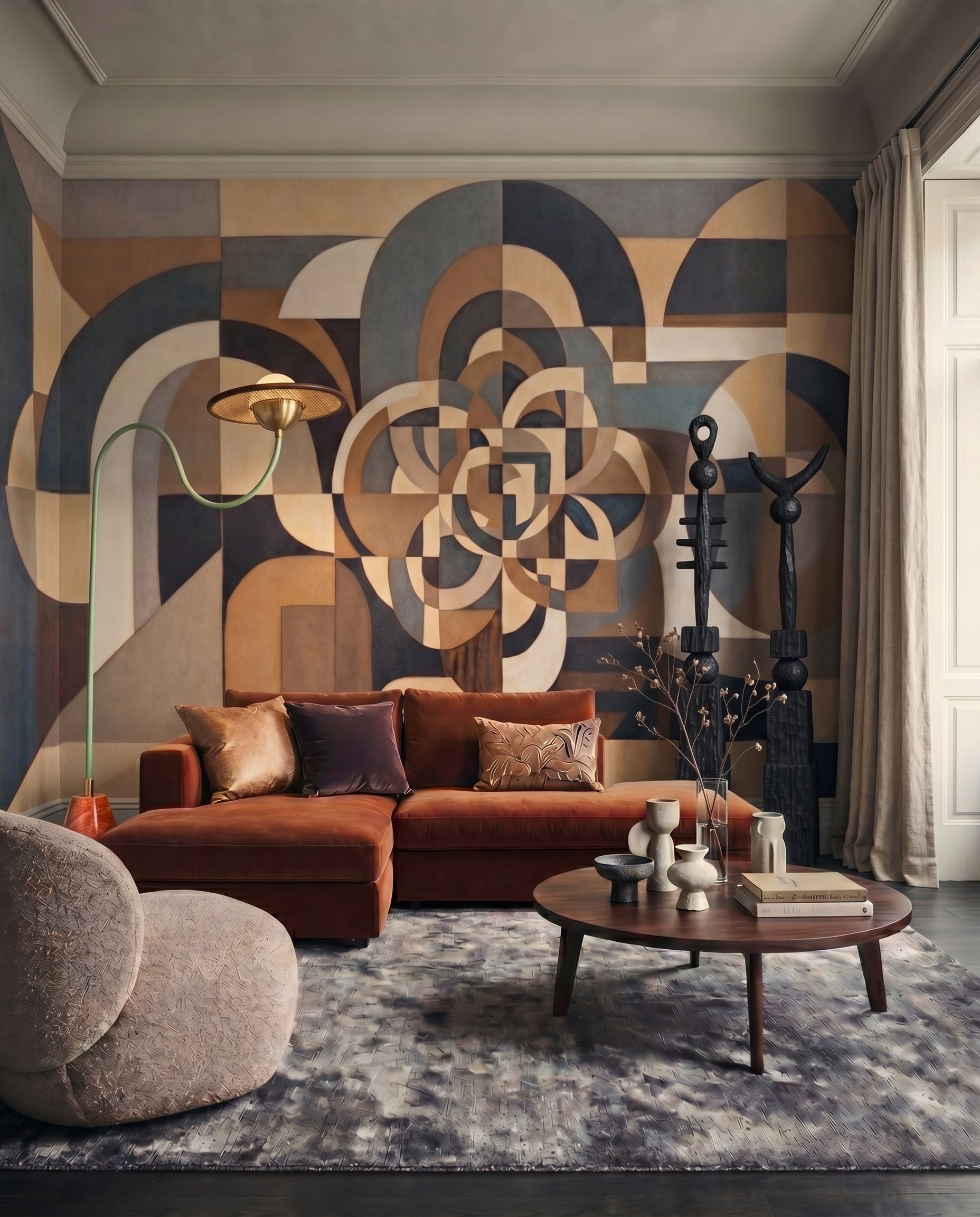 Silent Passage wall mural fills the focal area of a living room in beige and slate