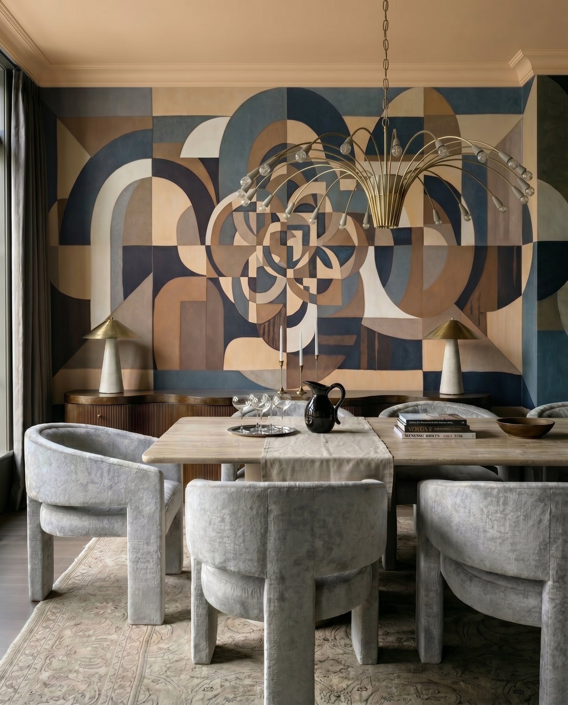 Beige and charcoal geometry of the Silent Passage wall mural lifts a dining room