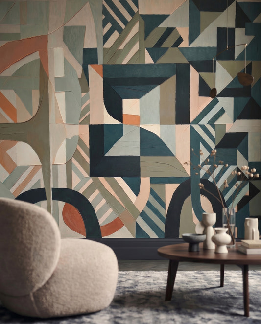 Living room styled around a Silent Planes wall mural in muted geometric tones