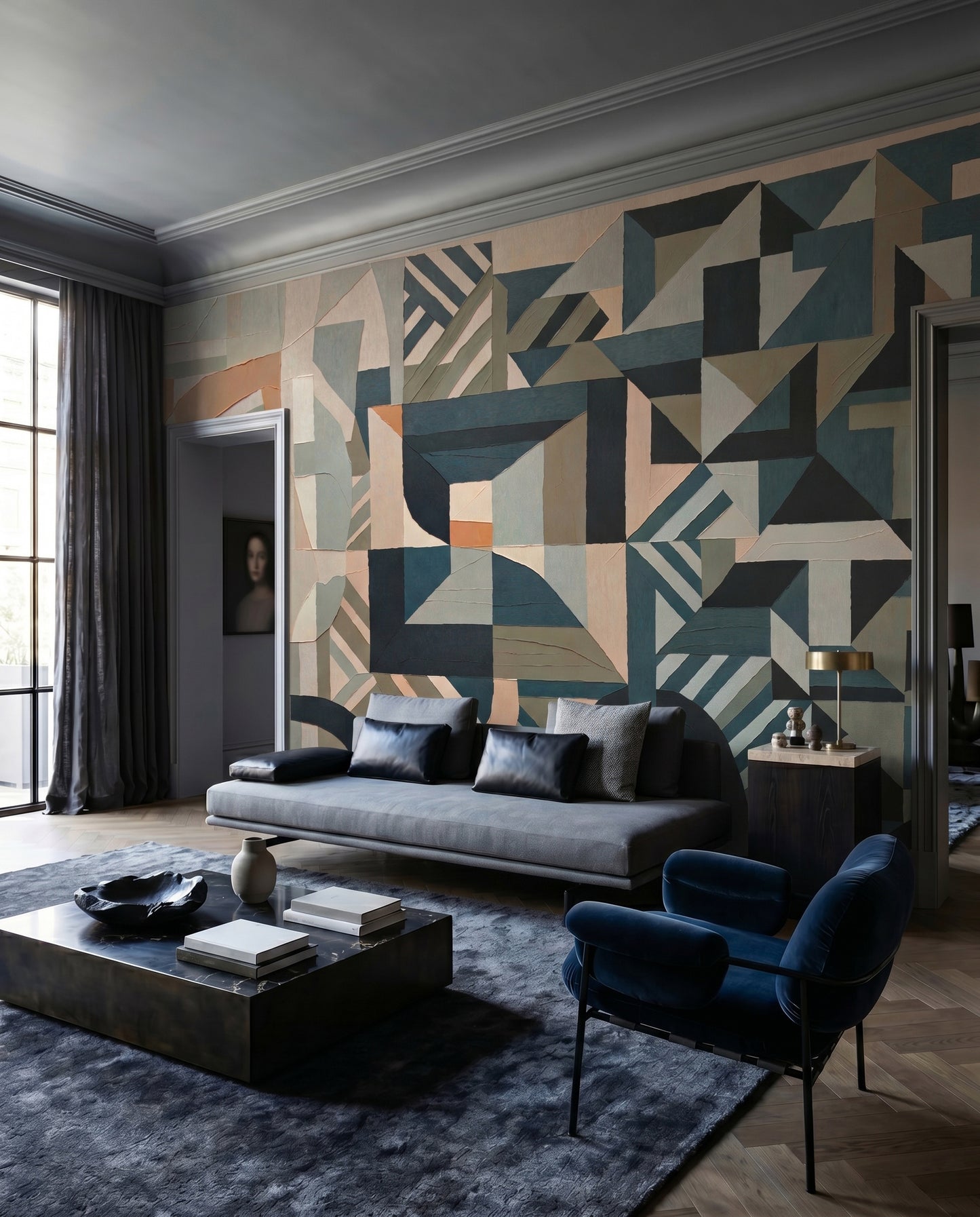 Living room finished with the Silent Planes geometric wall mural