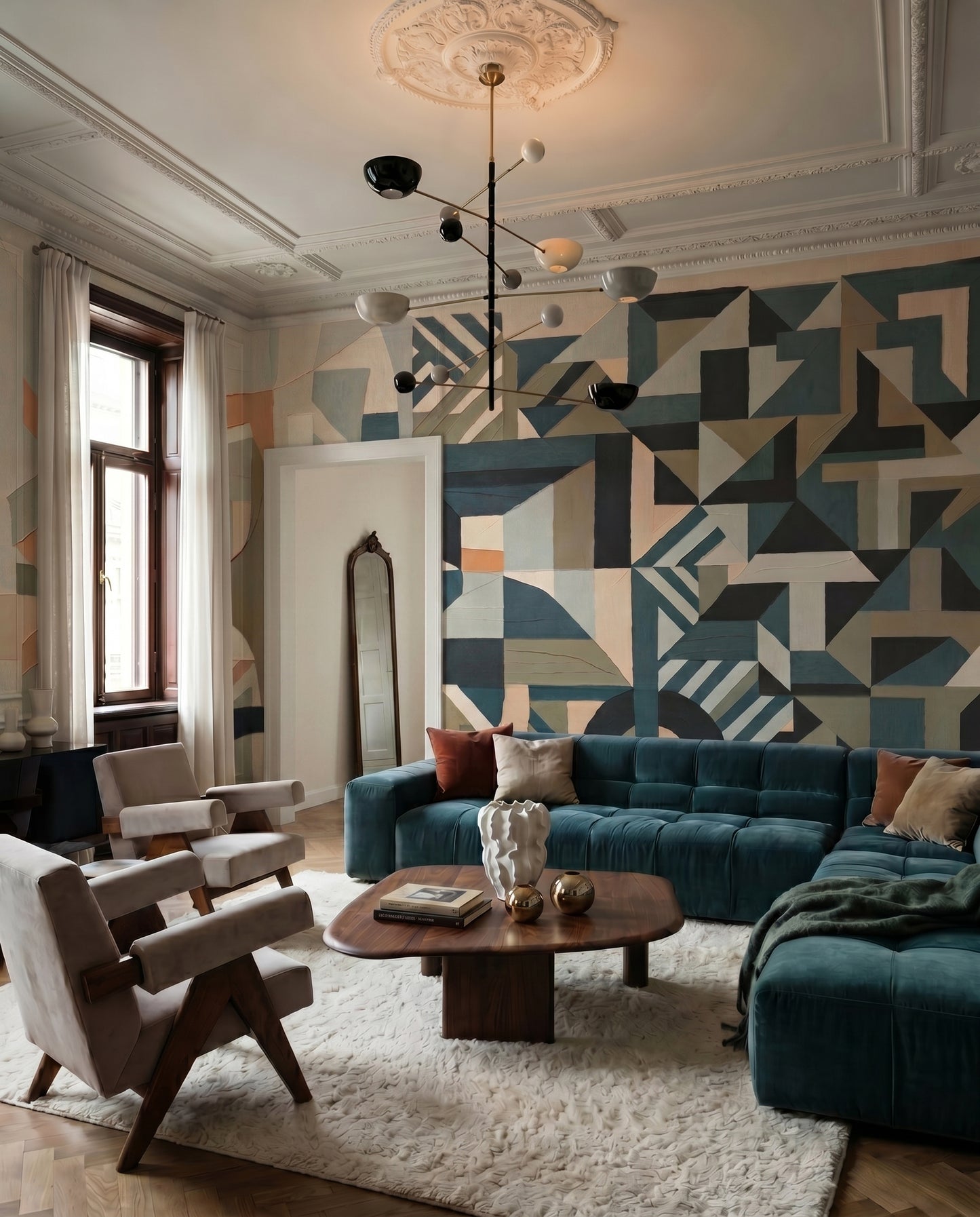 living room feature run using the Silent Planes wall mural in teal and peach blocks