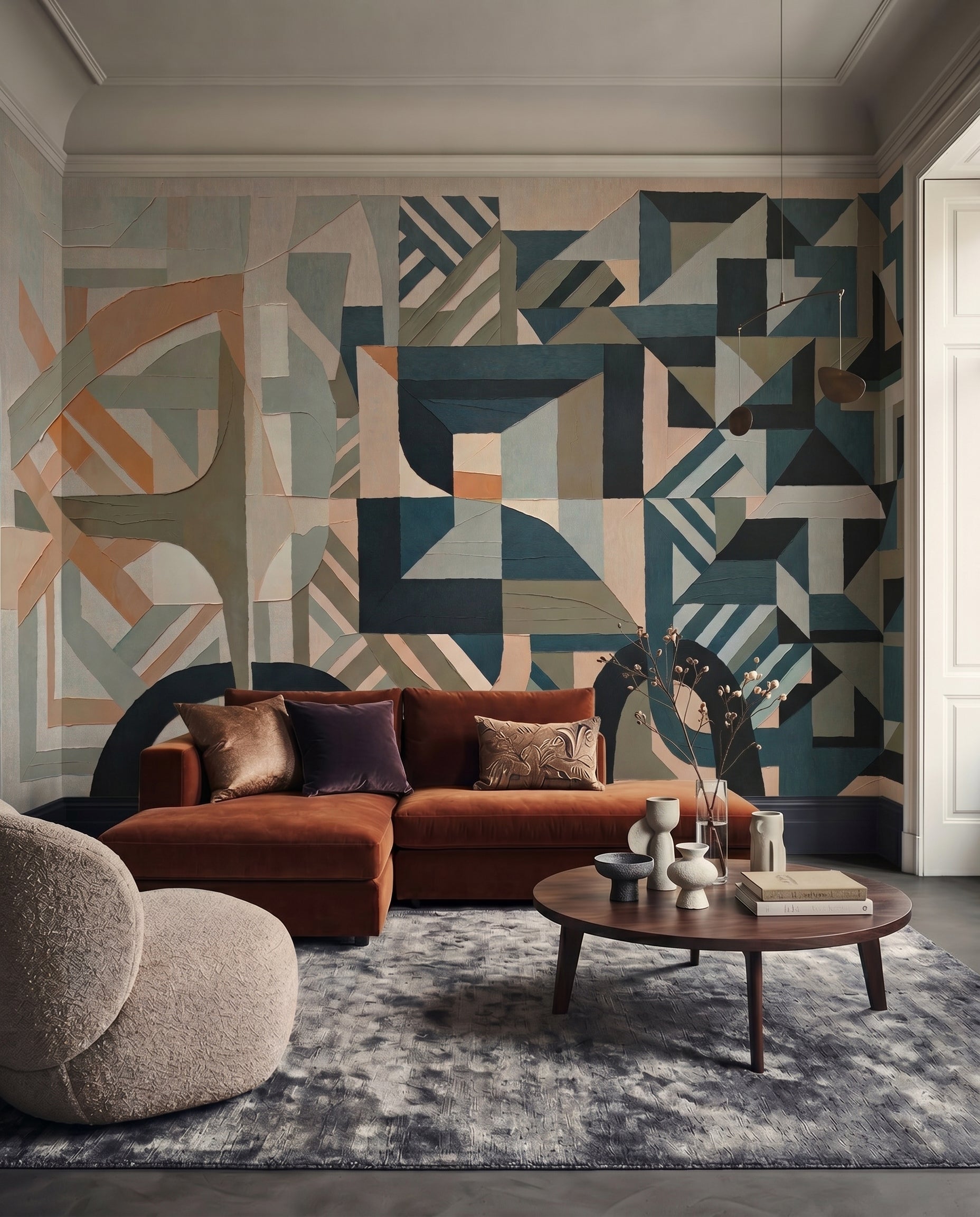 Lounge backdrop shows Silent Planes wall mural shapes in slate and charcoal