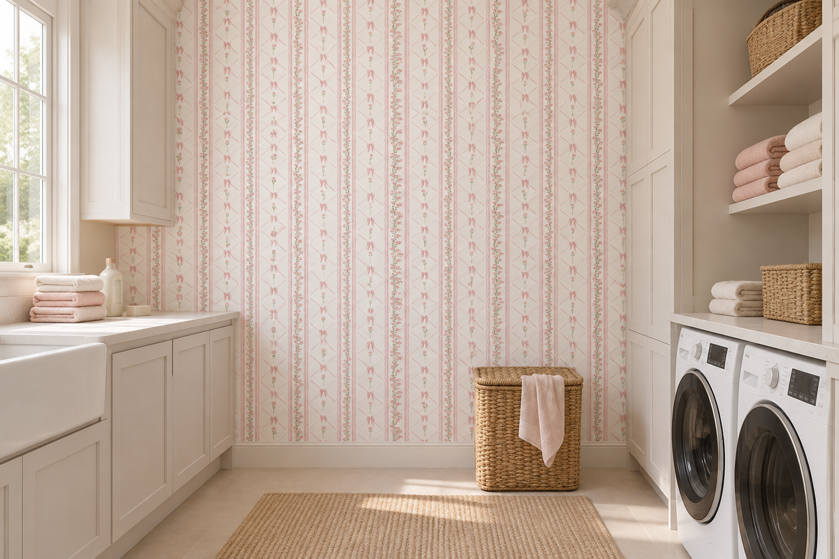 Soft Pink Ribbon and Floral Trellis Wallpaper⁠