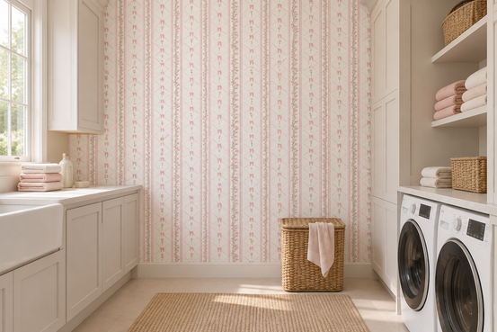 Soft Pink Ribbon and Floral Trellis Wallpaper⁠